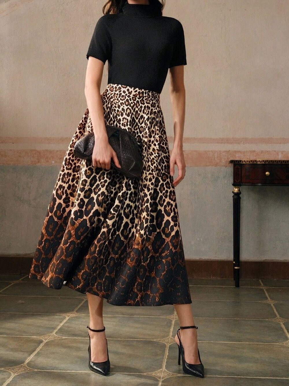 Multicolor Casual Women's Leopard Print High Waisted A-Line Midi Skirt Vacation